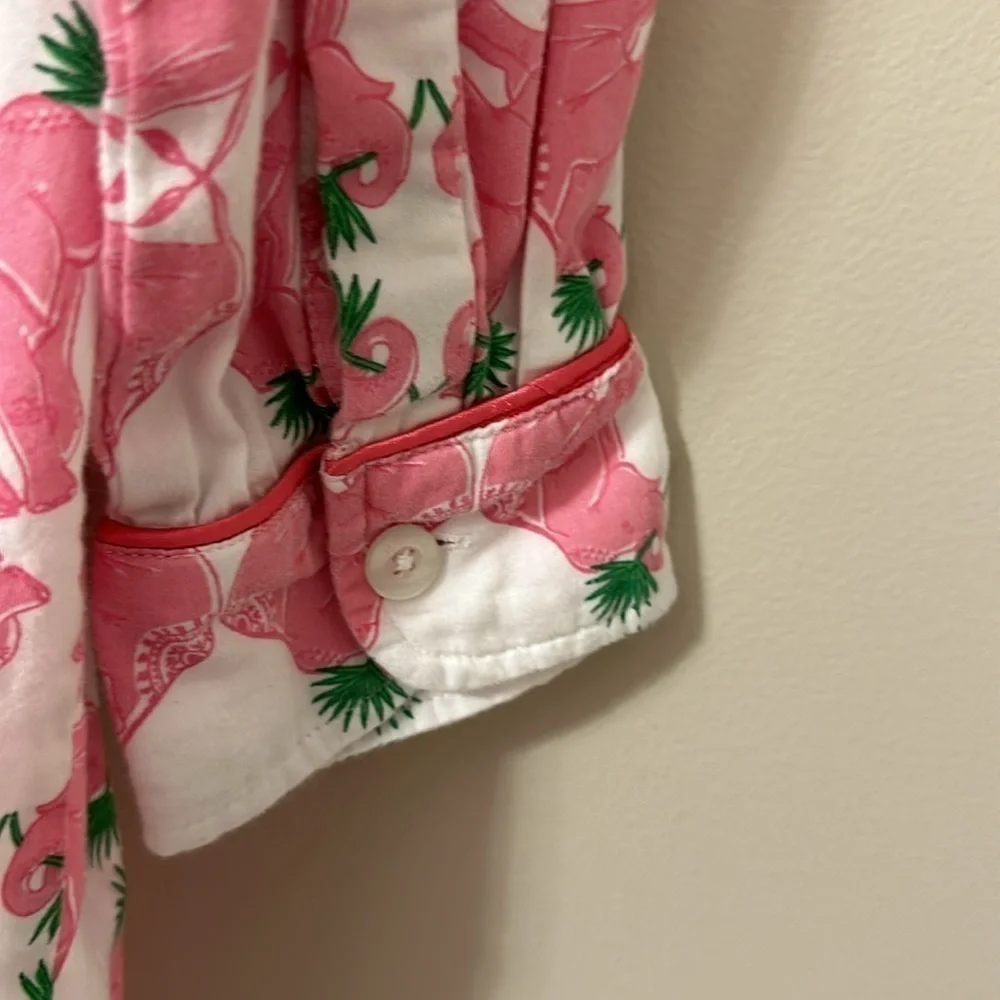 Jaye’s Studio Button Front Sleep Shirt Pink, White&Green Elephant Print Sz Small
